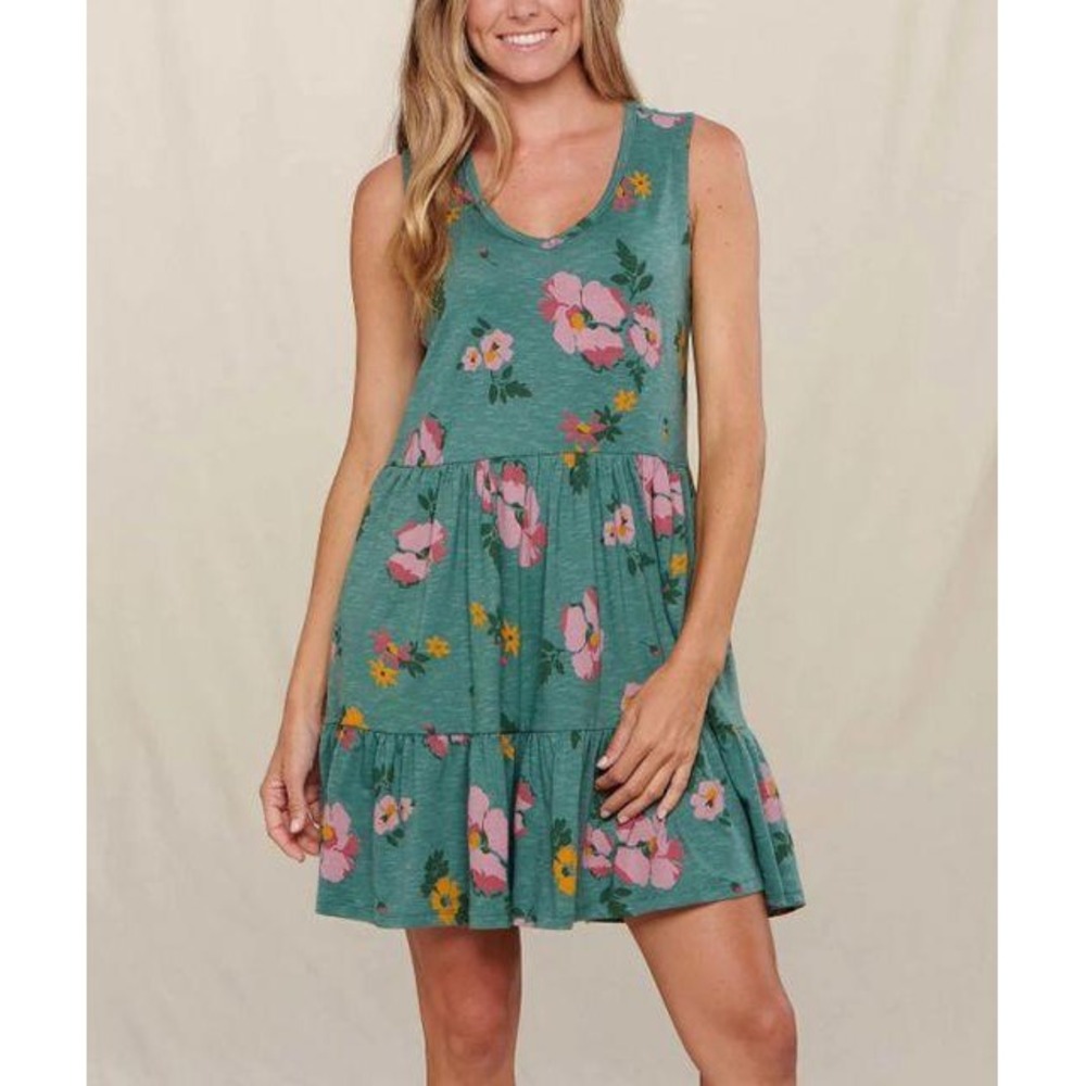 Toad&Co Women Marley Tiered Sleeveless Dress Green Floral Organic Cotton S